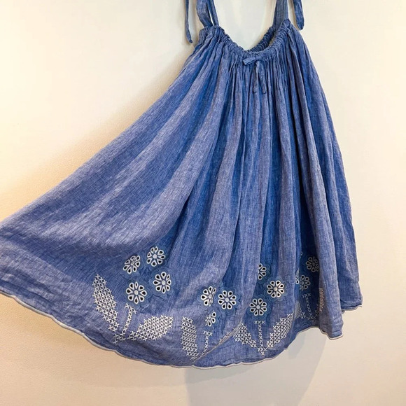 Innika Choo Denim Embroidered Tie Strap Pleated Designer Swing Mini Dress 2/M - Picture 3 of 10